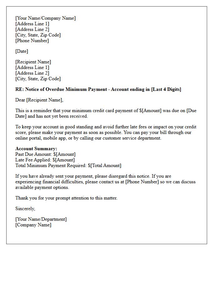 Initial Notice Letter for Overdue Minimum Credit Card Payment