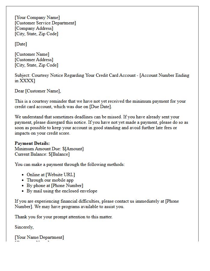 Standard Courtesy Letter for Missed Credit Card Minimum Obligation