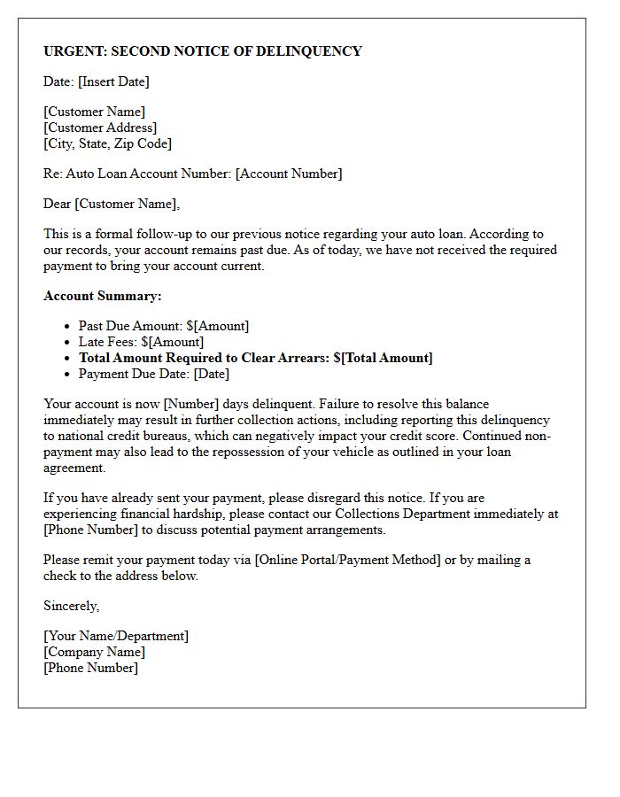 Auto Loan Second Delinquency Warning Letter
