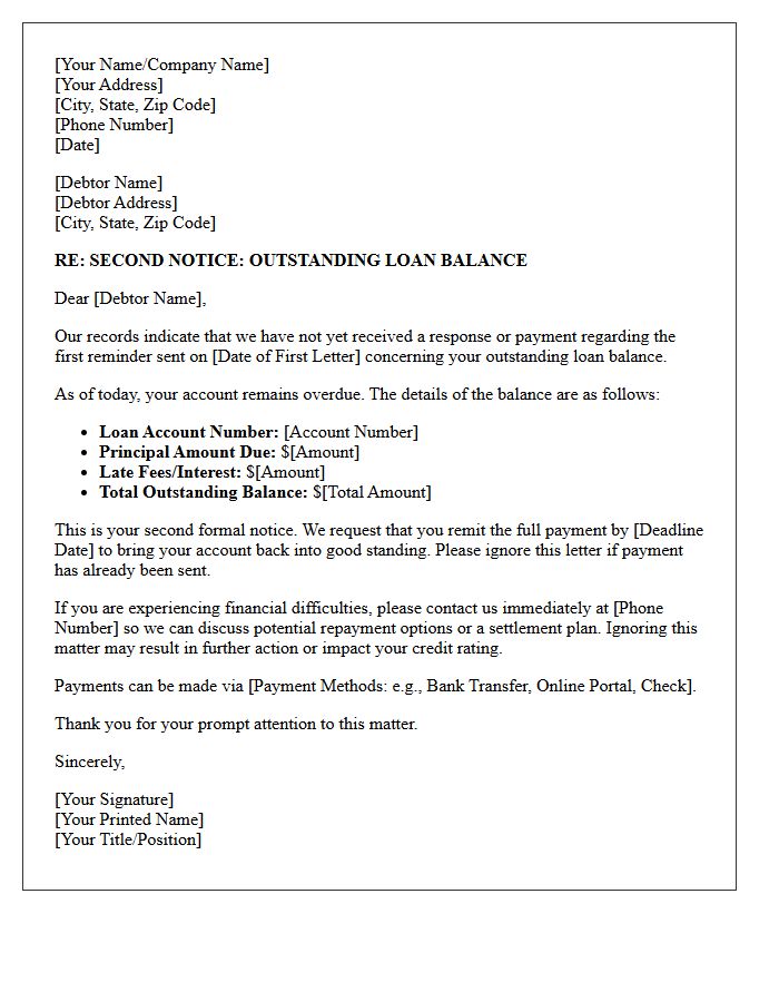 Outstanding Loan Balance Second Reminder Letter