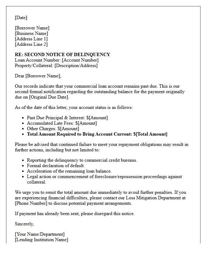 Second Delinquency Notification Letter for Commercial Loan