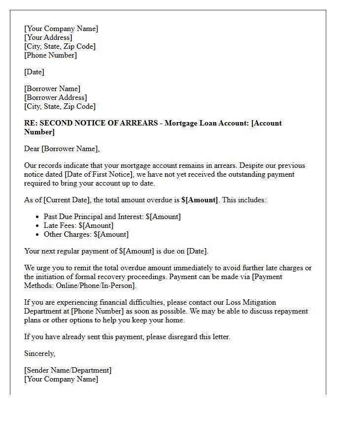 Second Notice of Arrears Letter for Mortgage Loan