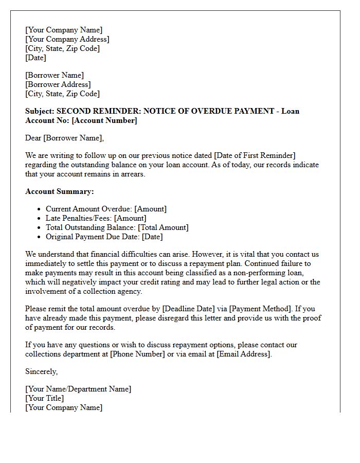 Second Reminder Letter for Non-Performing Loan