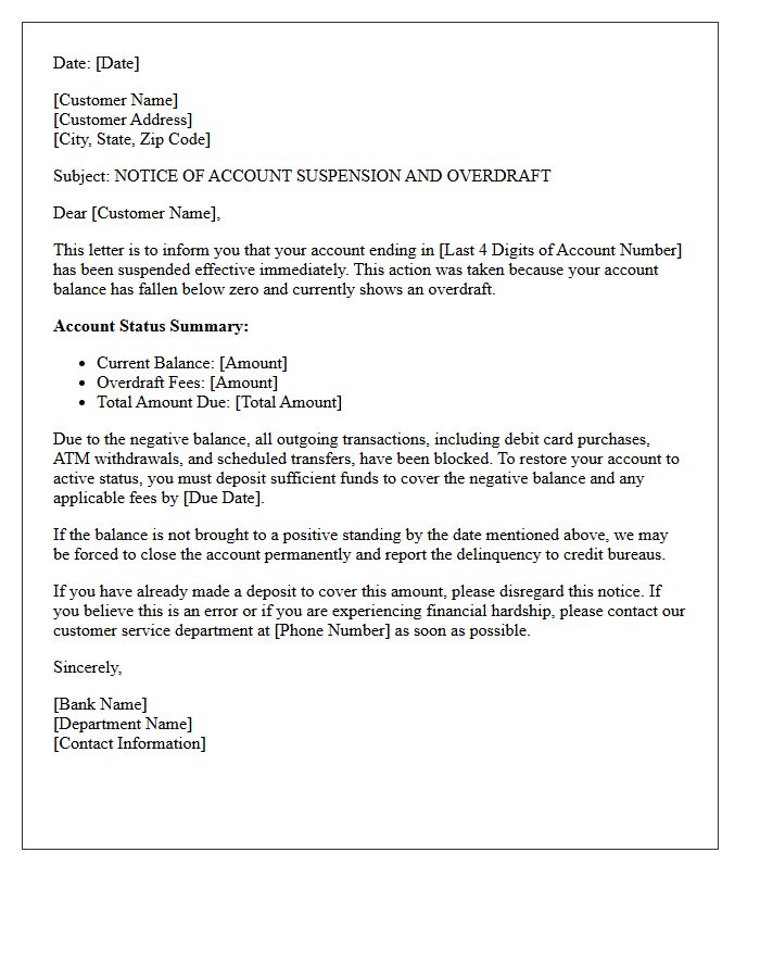 Account Suspension and Overdraft Notice Letter