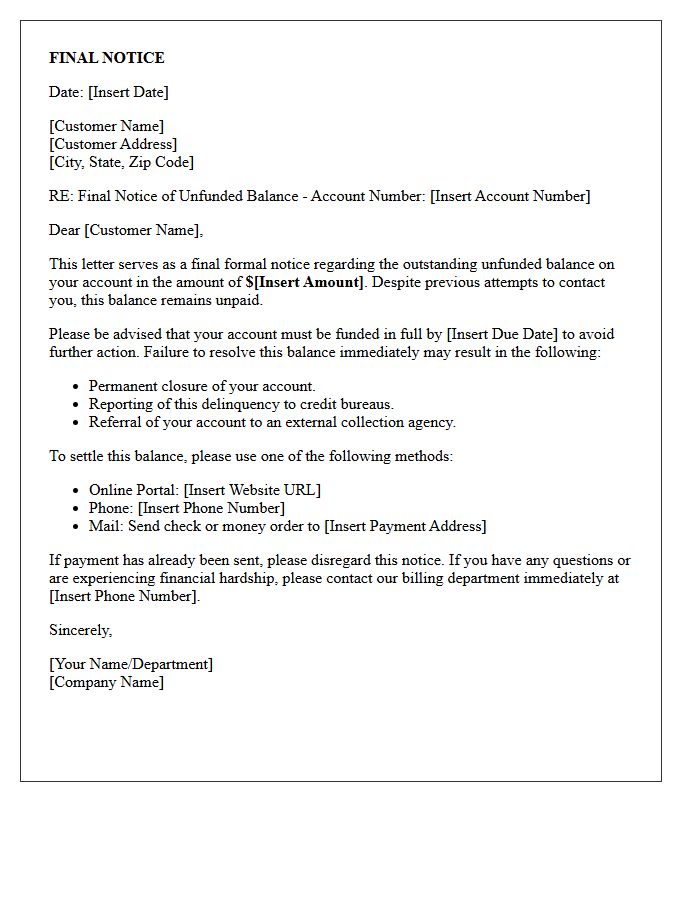 Final Notice of Unfunded Balance Letter