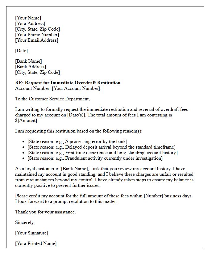 Immediate Overdraft Restitution Request Letter