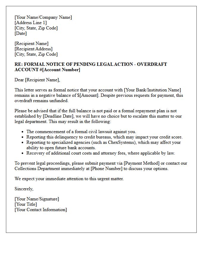 Legal Action Pending for Unfunded Overdraft Letter