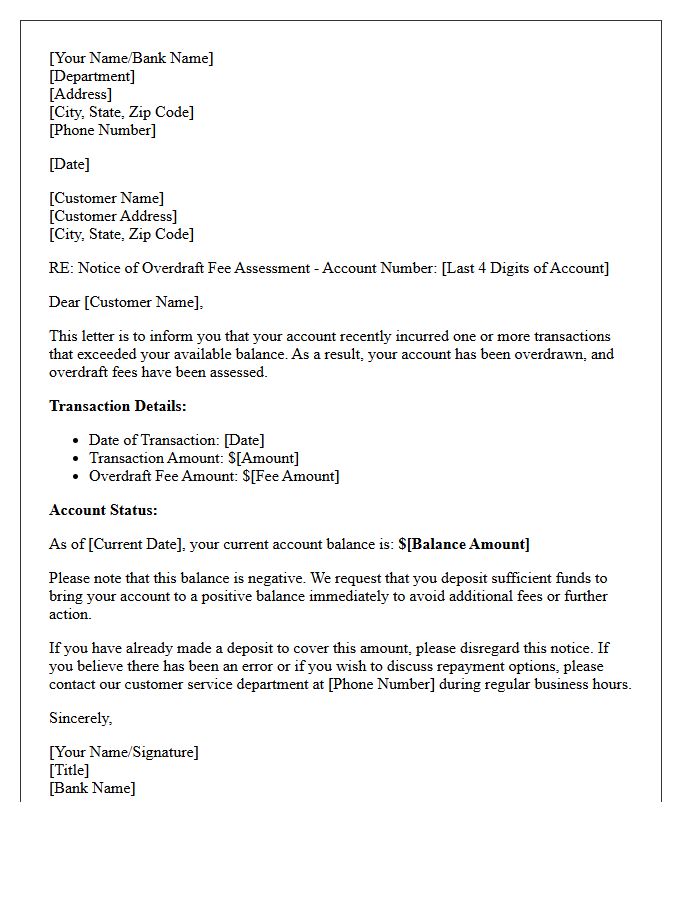 Overdraft Fee Assessment and Balance Letter