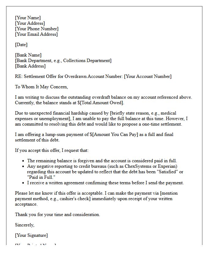 Overdraft Settlement Negotiation Letter
