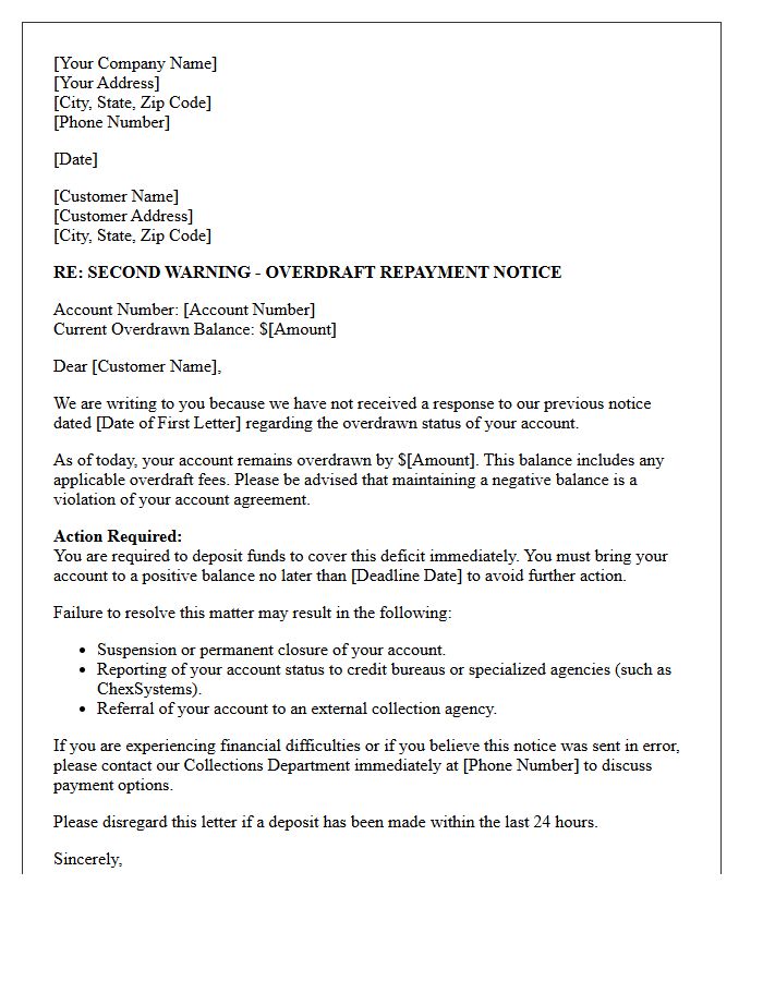 Second Warning Overdraft Repayment Letter