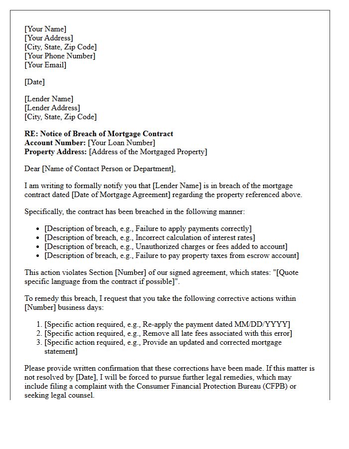 Breach of Mortgage Contract Letter