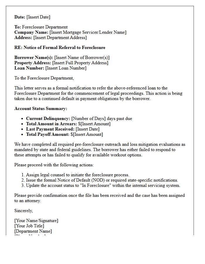 Foreclosure Department Referral Letter