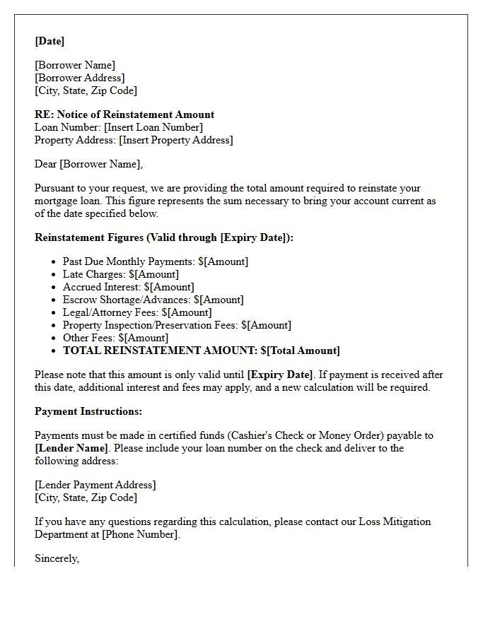 Mortgage Reinstatement Calculation Letter