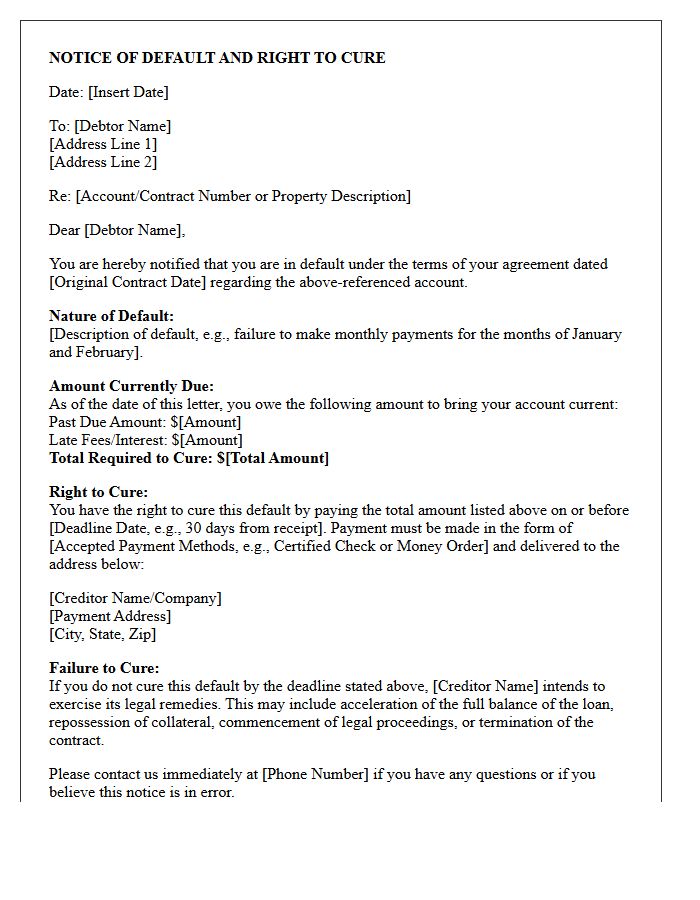 Notice of Default and Right to Cure Letter