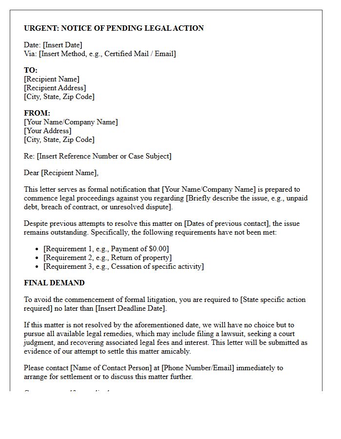 Pending Legal Action Notification Letter