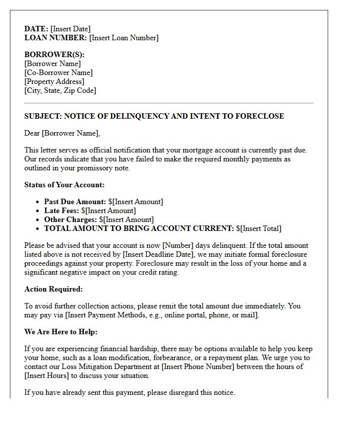 Residential Mortgage Delinquency Warning Letter