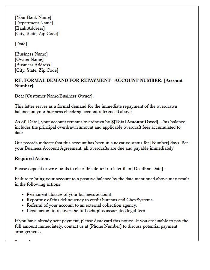 Business Account Overdraft Repayment Demand Letter