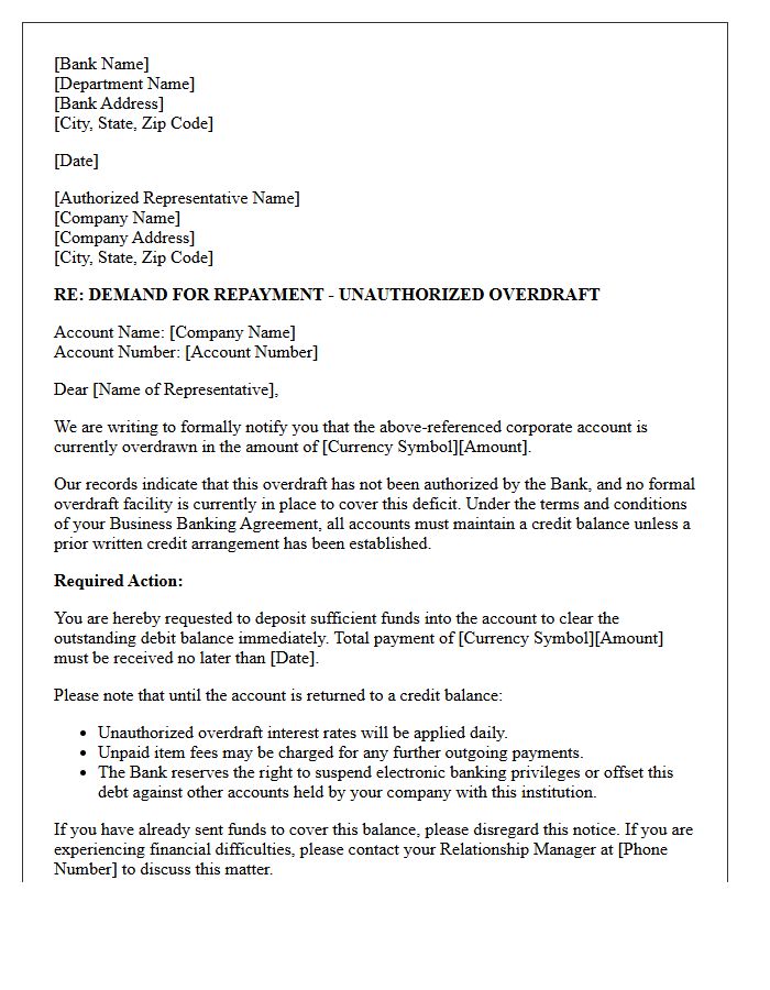Corporate Banking Letter Demanding Repayment Of Unauthorized Overdraft