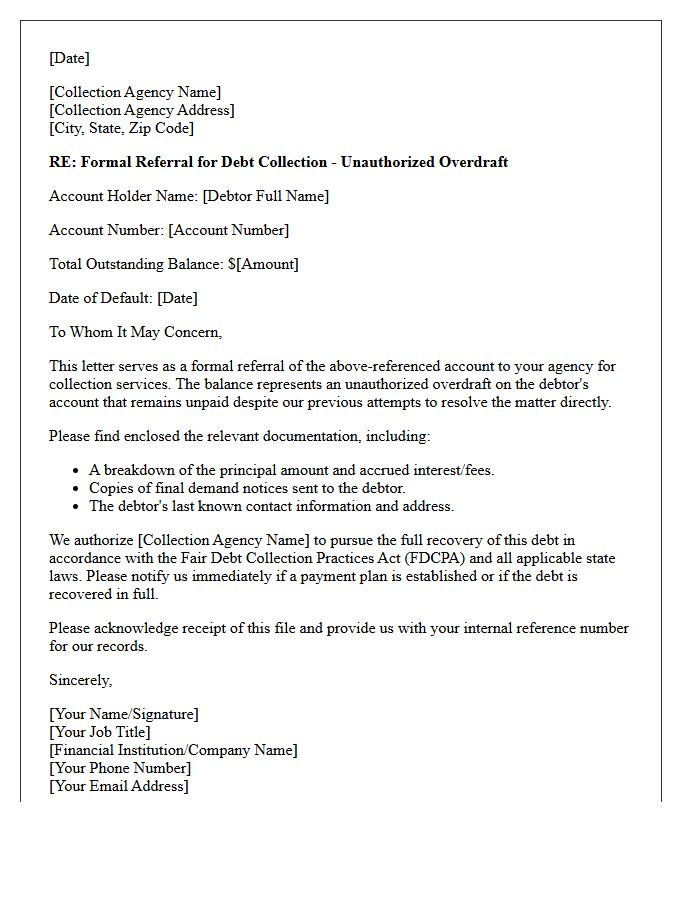 Debt Collection Agency Referral Letter For Unauthorized Overdraft
