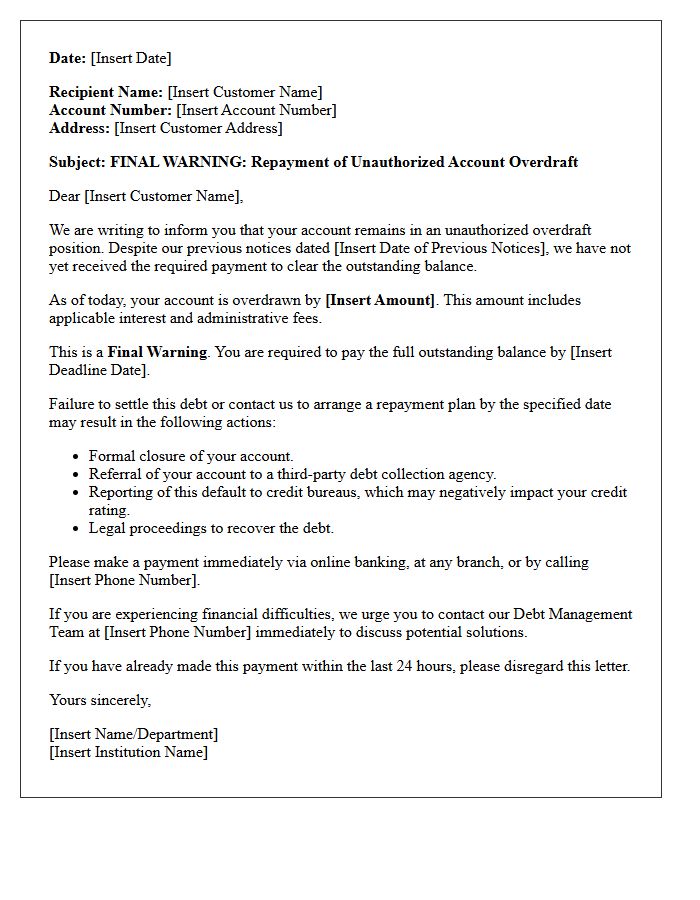 Final Warning Letter For Repayment Of Unauthorized Account Overdraft