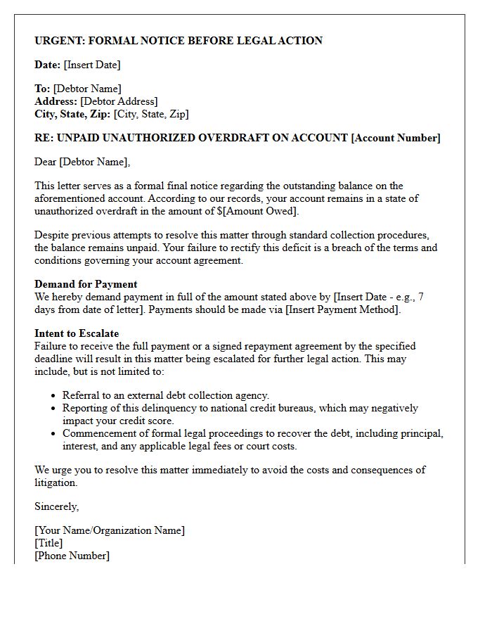 Legal Escalation Letter For Unpaid Unauthorized Account Overdraft