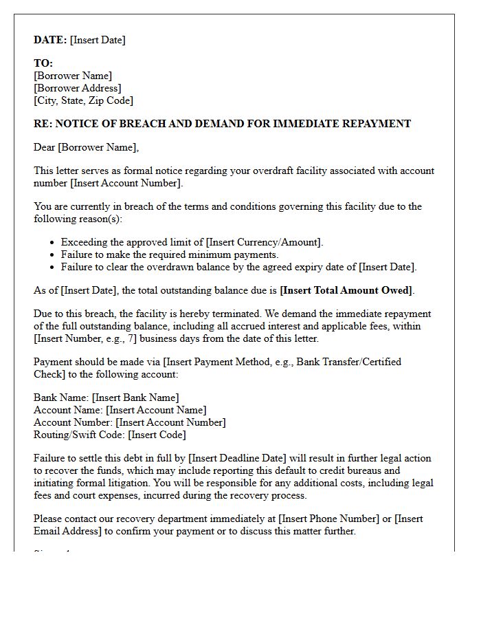 Overdraft Facility Breach Letter Demanding Immediate Repayment