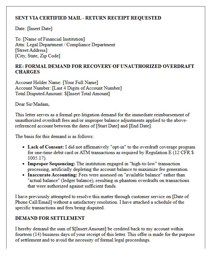 Pre-Litigation Demand Letter For Unauthorized Overdraft Recovery