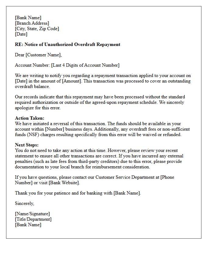 Retail Banking Notice Letter For Unauthorized Overdraft Repayment
