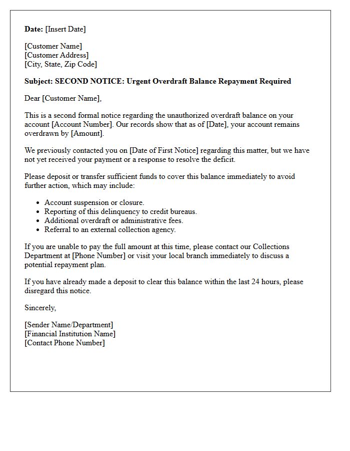 Second Notice Letter For Unauthorized Overdraft Balance Repayment