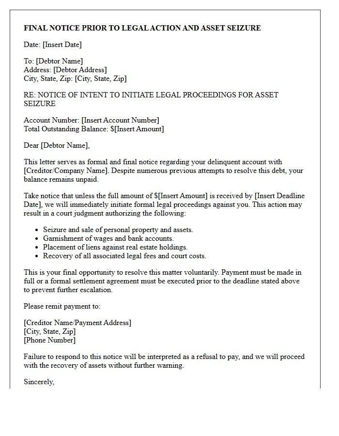 Asset Seizure and Legal Action Final Notice Letter