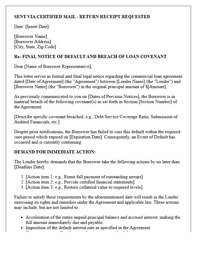 Breach of Commercial Loan Covenant Final Legal Notice Letter