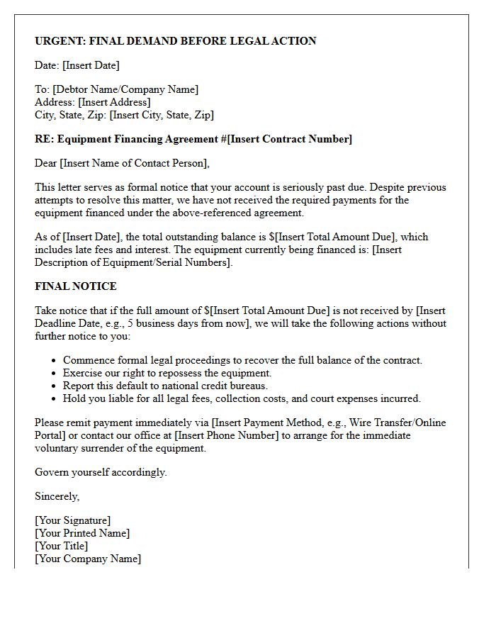 Equipment Financing Final Demand Letter Before Legal Action