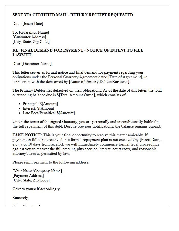 Guarantor Final Demand Letter Before Commencement of Lawsuit