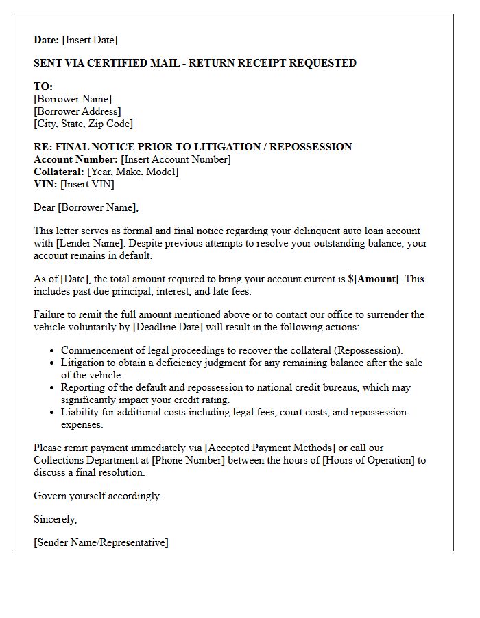 Letter of Final Notice Prior to Auto Loan Repossession Litigation