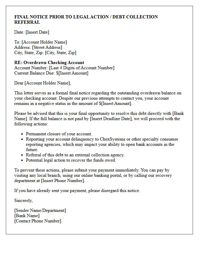 Overdrawn Checking Account Debt Recovery Final Notice Letter