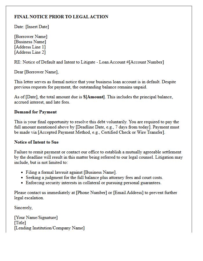 Small Business Loan Default Final Notice Letter Prior to Litigation