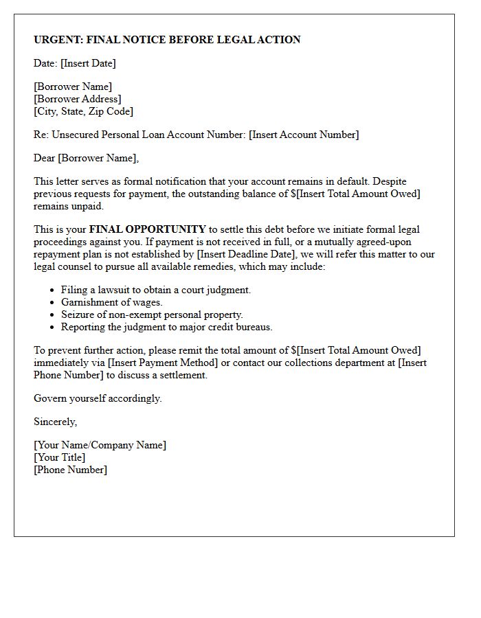 Unsecured Personal Loan Default Final Legal Action Letter