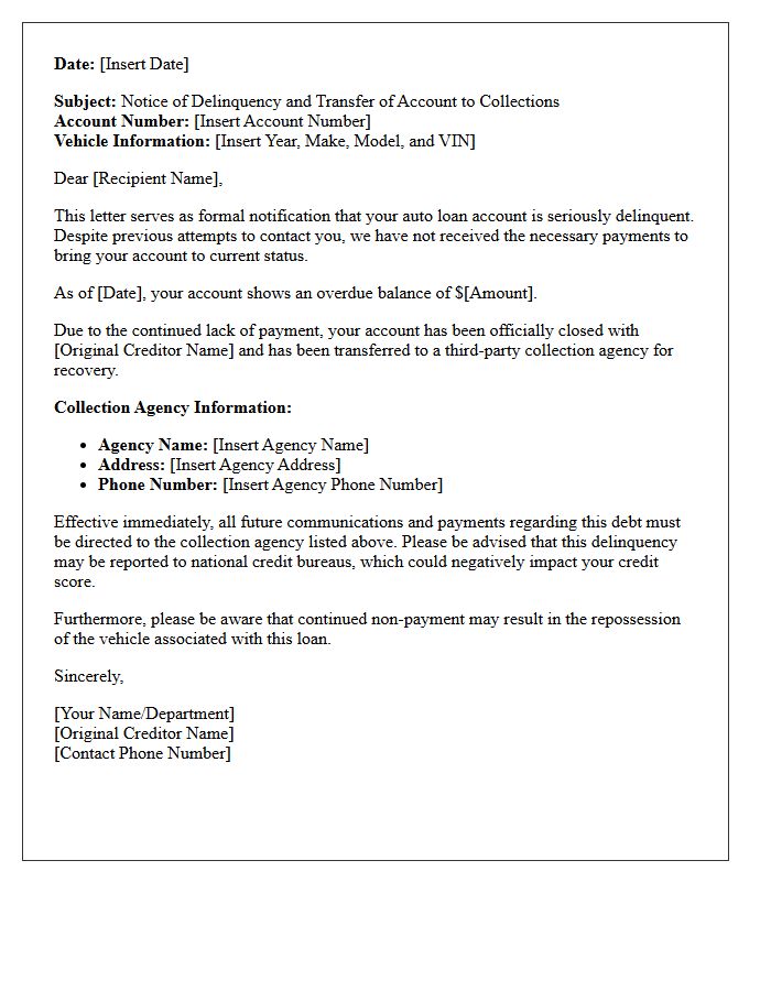 Auto Loan Delinquency and Third-Party Collection Transfer Letter