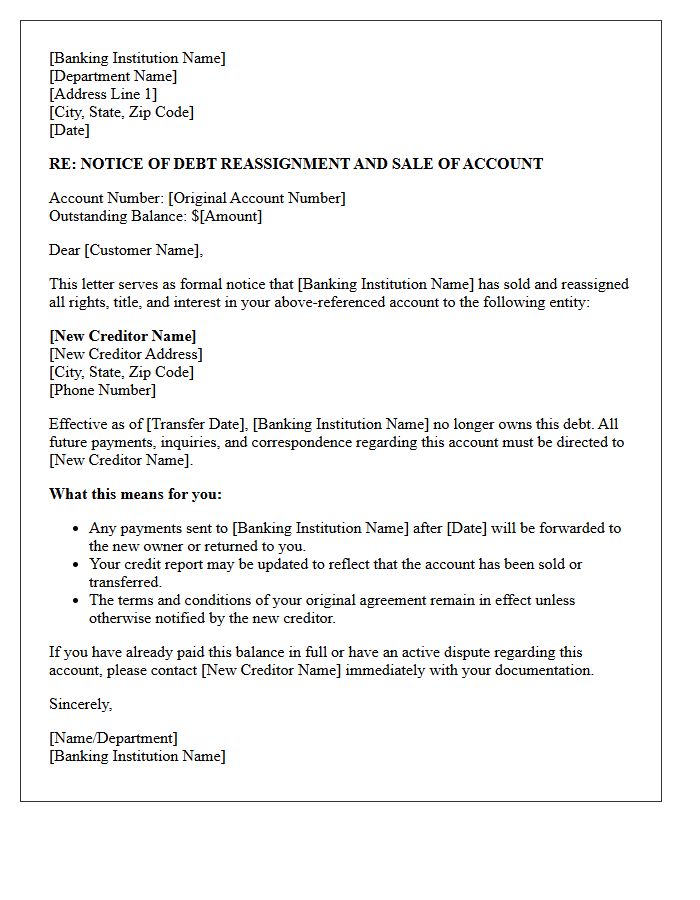 Banking Institution Notice of Debt Reassignment Letter