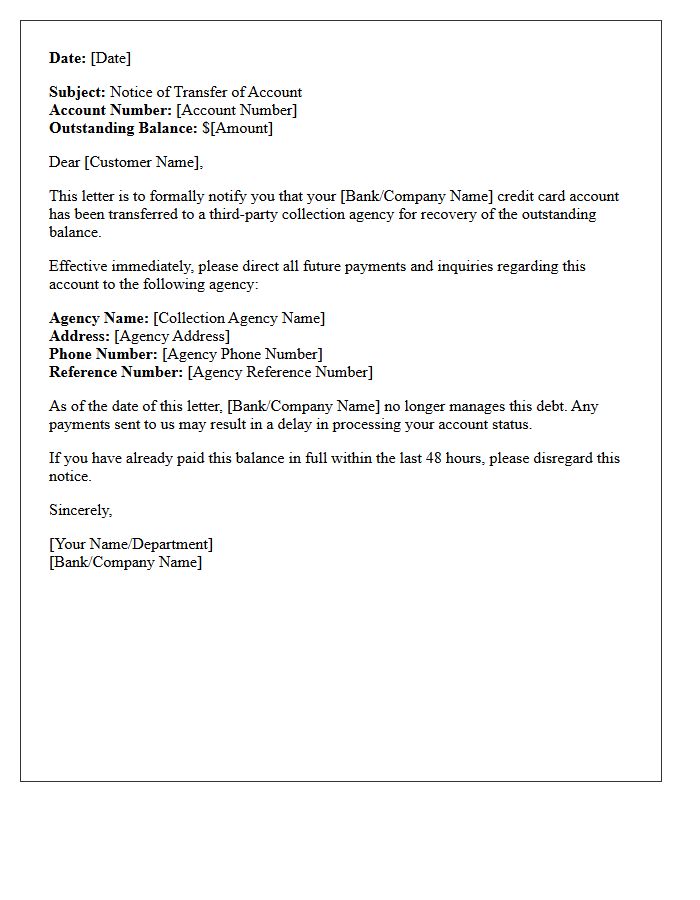 Credit Card Account Transfer to Third-Party Collection Letter