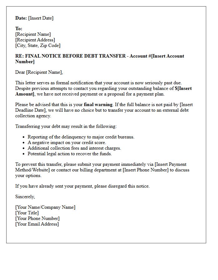 Final Warning Before Debt Transfer Collection Letter