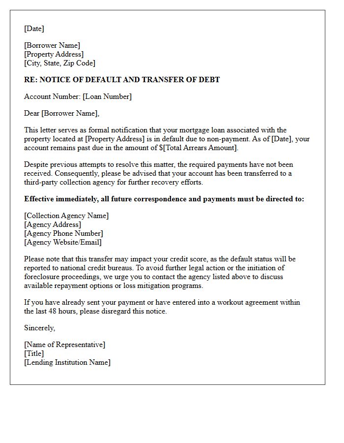 Mortgage Default and Transfer to Third-Party Agency Letter