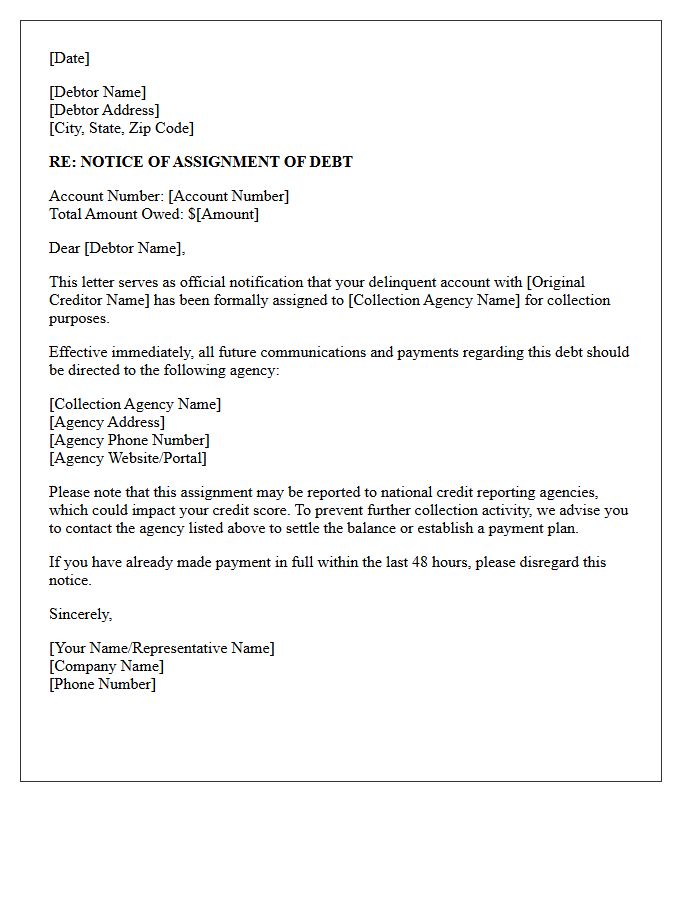 Official Notification of Debt Assignment to Collection Agency Letter