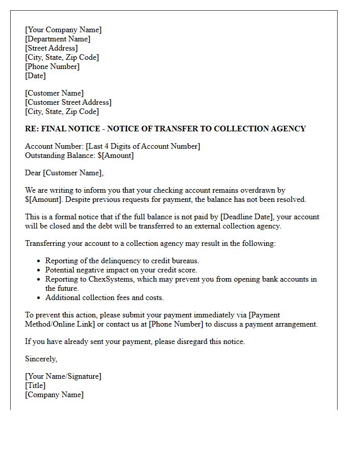 Overdrawn Checking Account Collection Agency Transfer Letter