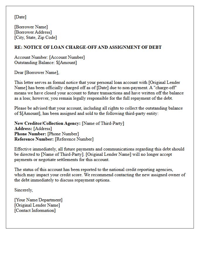 Personal Loan Charge-Off and Third-Party Assignment Letter