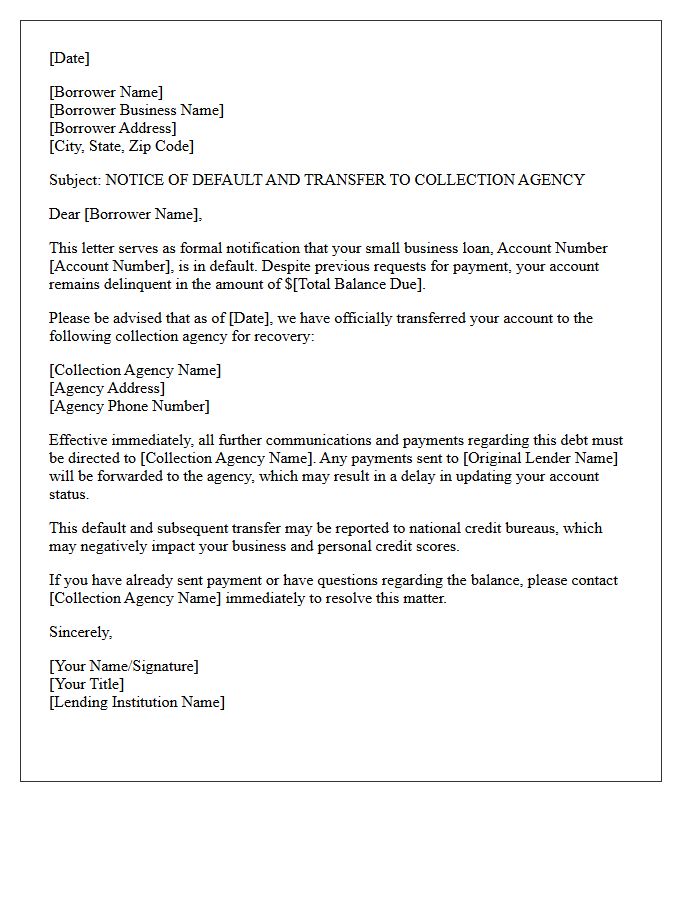 Small Business Loan Default and Collection Agency Transfer Letter