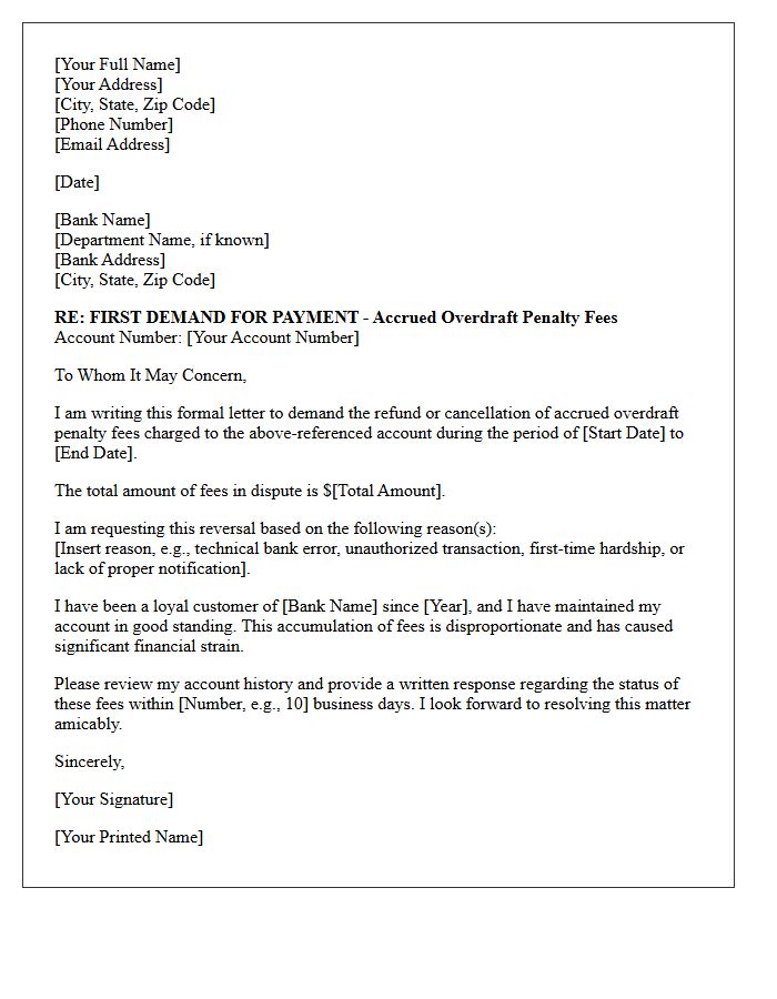 First Demand Letter for Accrued Overdraft Penalty Fees
