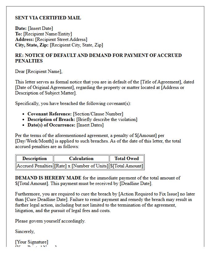 Notice of Default and Demand Letter for Accrued Covenant Breach Penalties