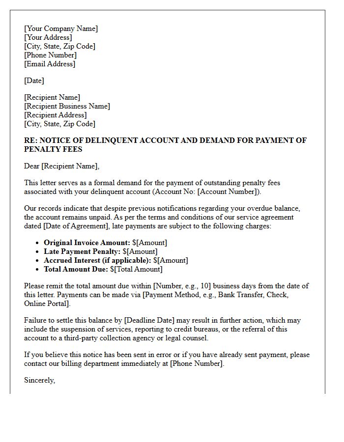Official Demand Letter for Delinquent Business Account Penalty Fees