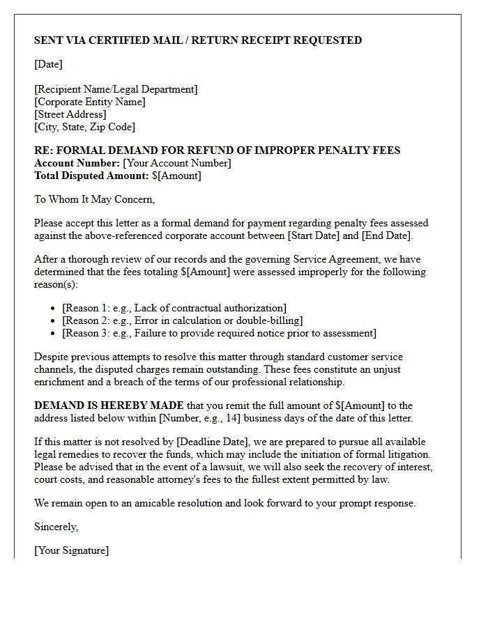 Pre-Litigation Demand Letter for Corporate Account Penalty Fees